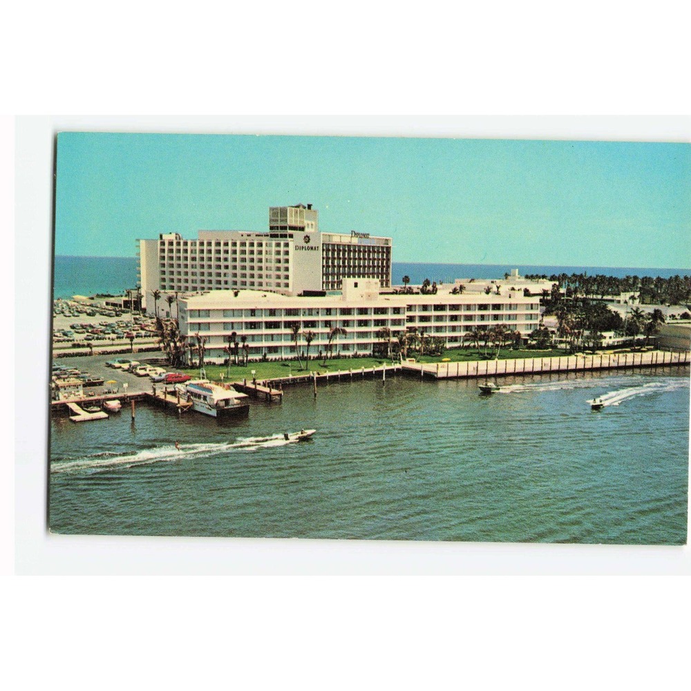Vintage Diplomat Resorts Postcard Hollywood Florida Intracoastal Waterway Chrome